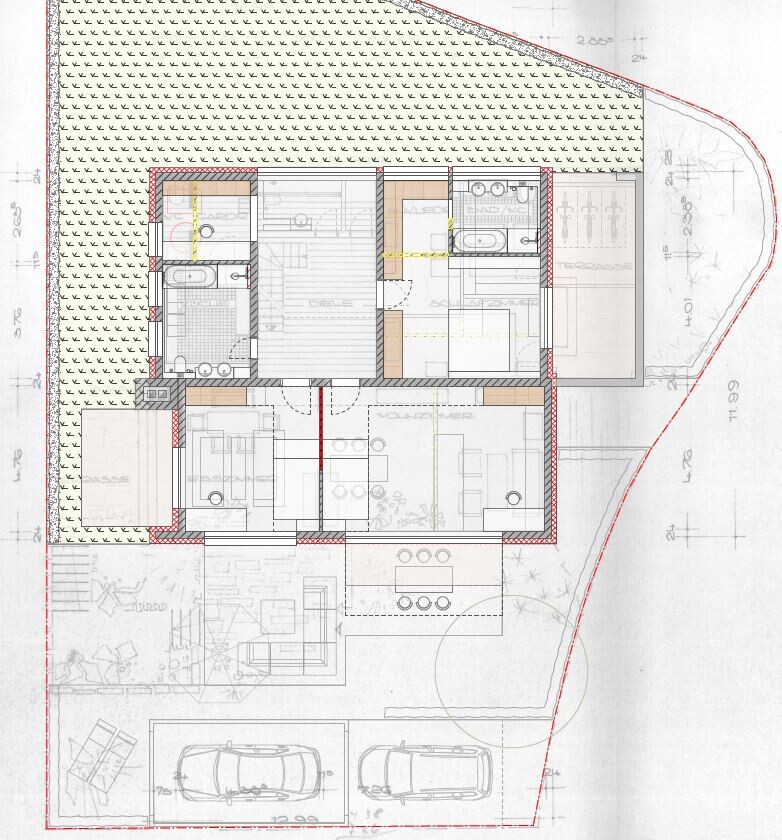 Grundriss eines Hauses mit Innenaufteilung, Gartenbereich und zwei geparkten Autos.