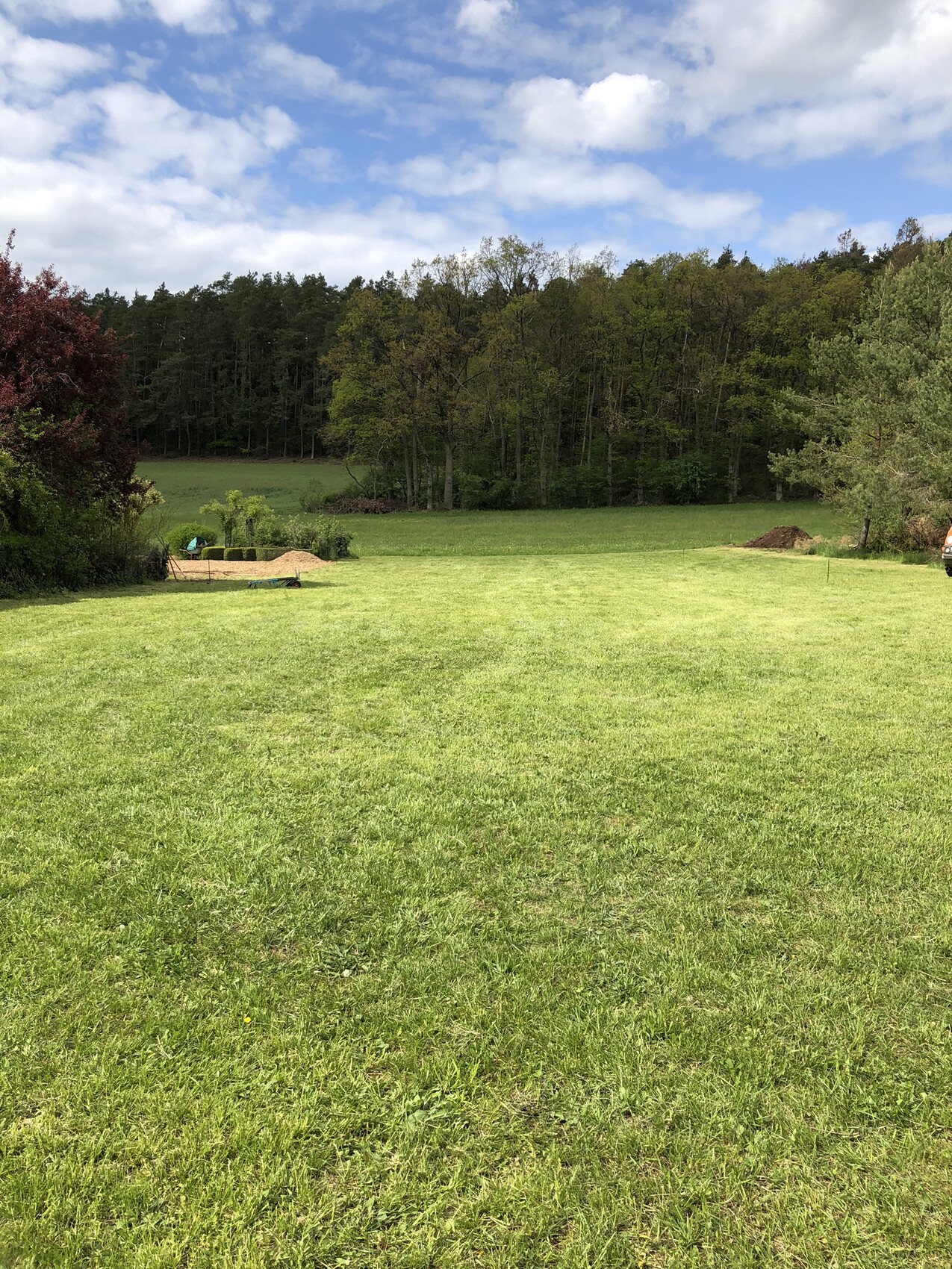 Große grüne Wiese mit Wald im Hintergrund; Erdhaufen links und rechts, blauer Himmel.