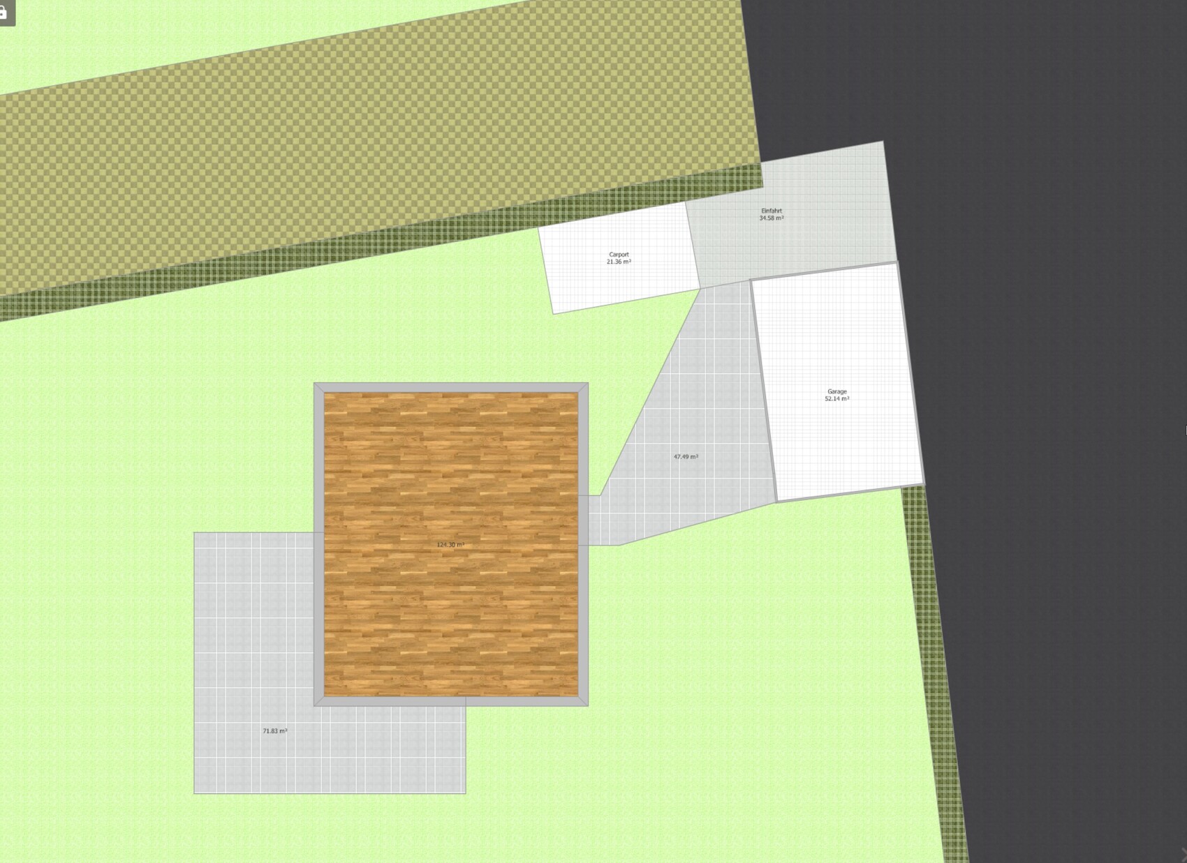 Grundriss eines Hauses: zentraler Holzbodenraum, Terrasse, Rasen und Garage mit Zufahrt.