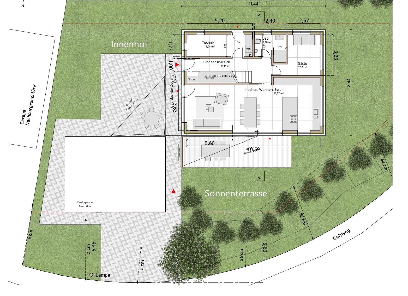 Grundriss eines Einfamilienhauses mit Küche, Wohnen, Terrasse, Garten und Garage