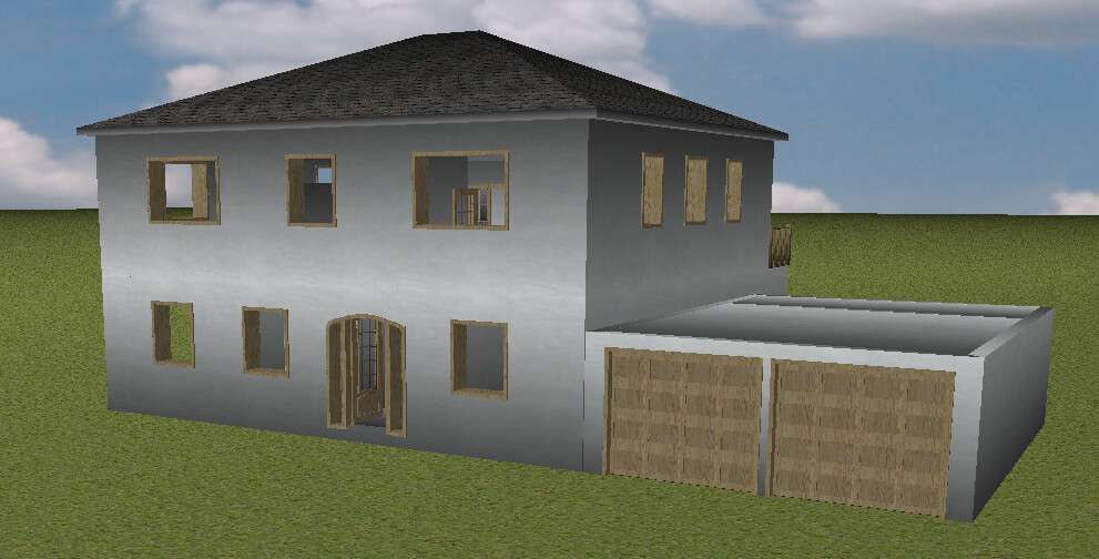 Zweistöckiges Haus mit grauer Fassade, Holzelementen an Fenstern und Anbau-Garage auf Grünfläche.