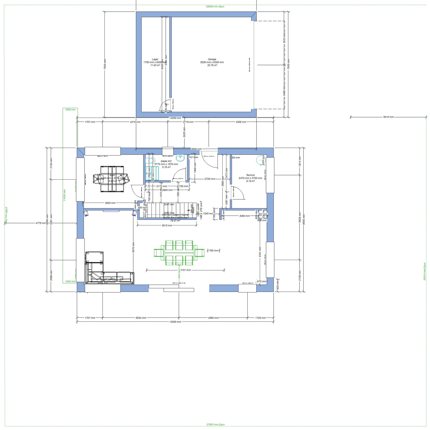Grundriss eines Hauses: Wohn-/Essbereich mit Esstisch, Küche, Bad, Büro, Treppenhaus, Garage (oben)