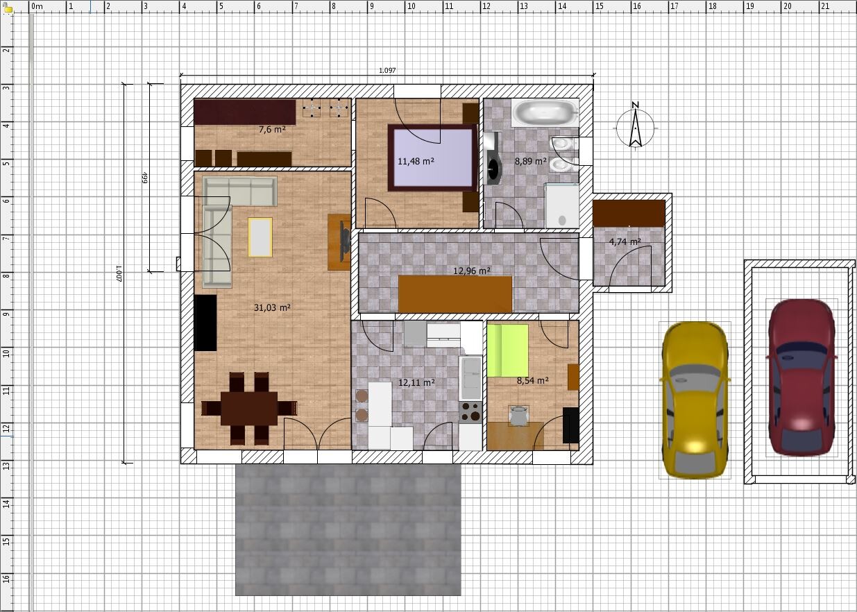 Grundriss eines Hauses mit Wohnzimmer, Küche, Bad, Schlafzimmer; Außenparkplatz mit zwei Autos.