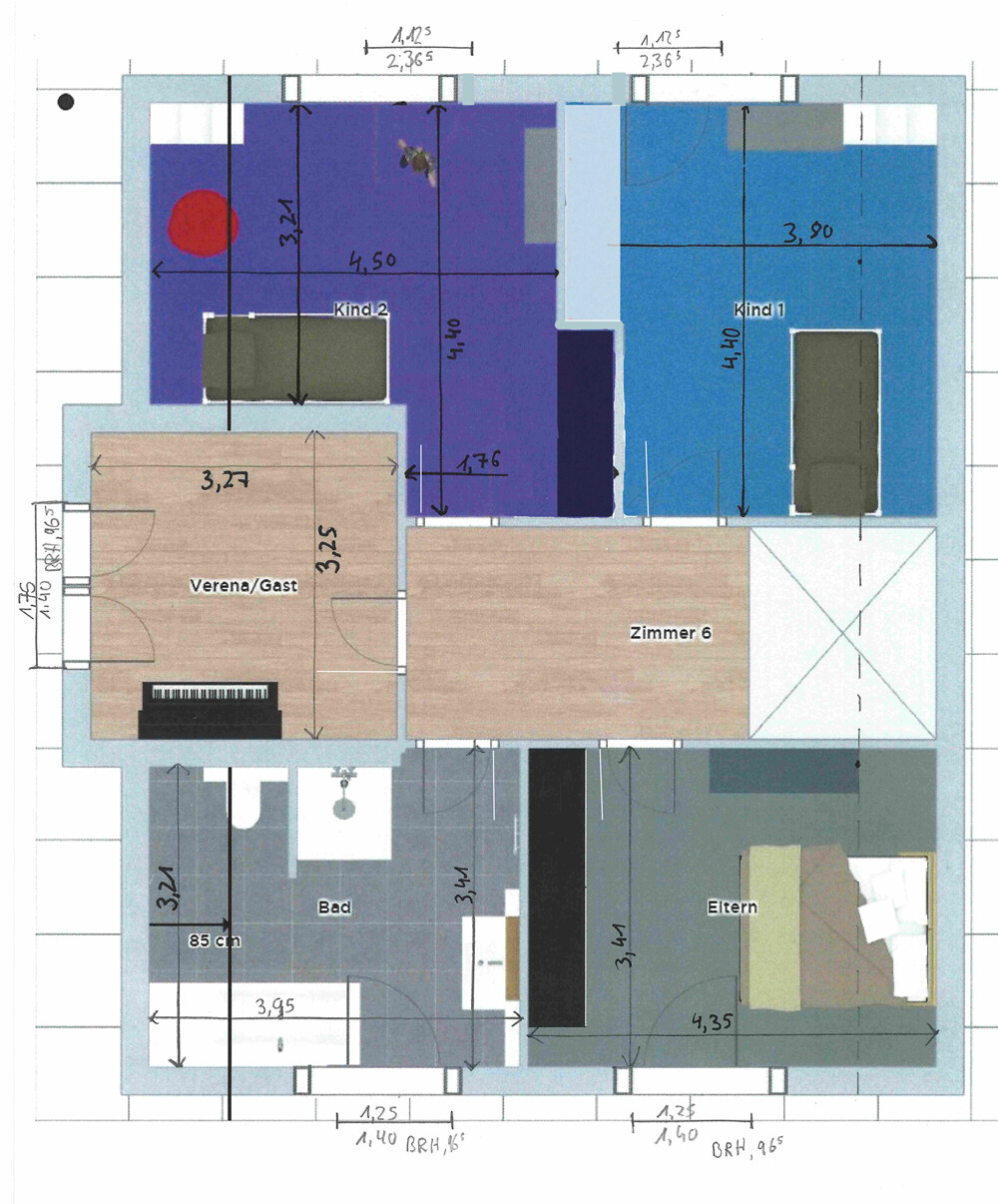 Grundriss eines Hauses mit Verena/Gast, Bad, Eltern, Zimmer 6 sowie Kind 1 und Kind 2.