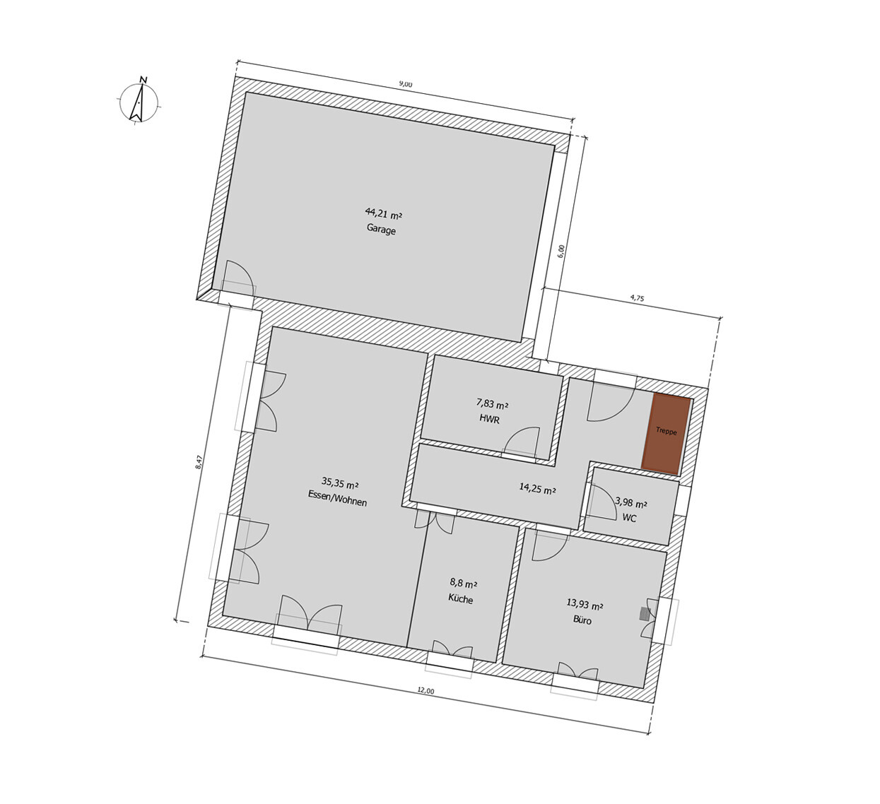 Grundriss eines Hauses mit Garage, Essen/Wohnen, Küche, Büro, HWR, WC und Treppe.