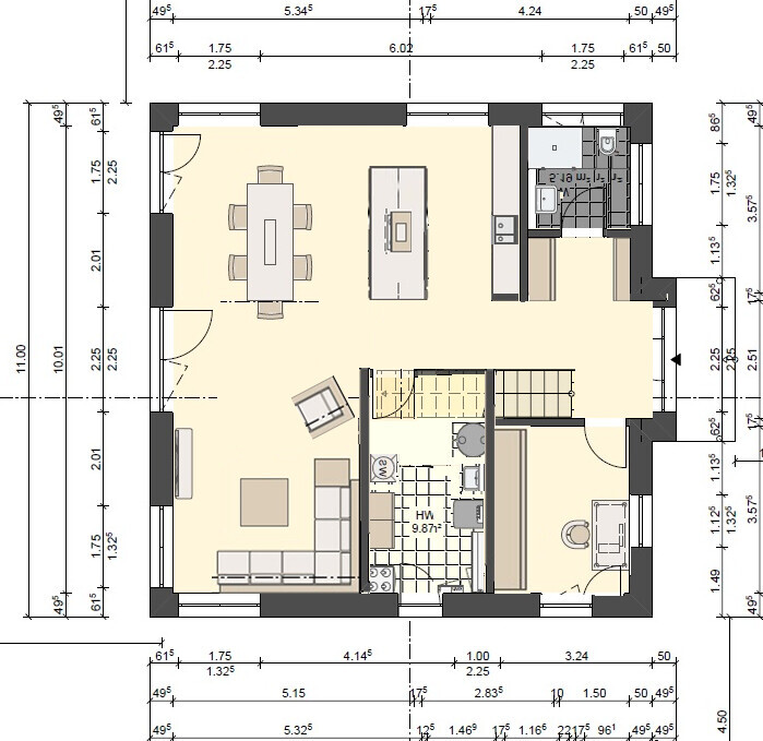 Grundriss eines Hauses: Offener Wohn-/Essbereich mit Esstisch, Kücheninsel, Sofa, Treppe, Bad/WC.
