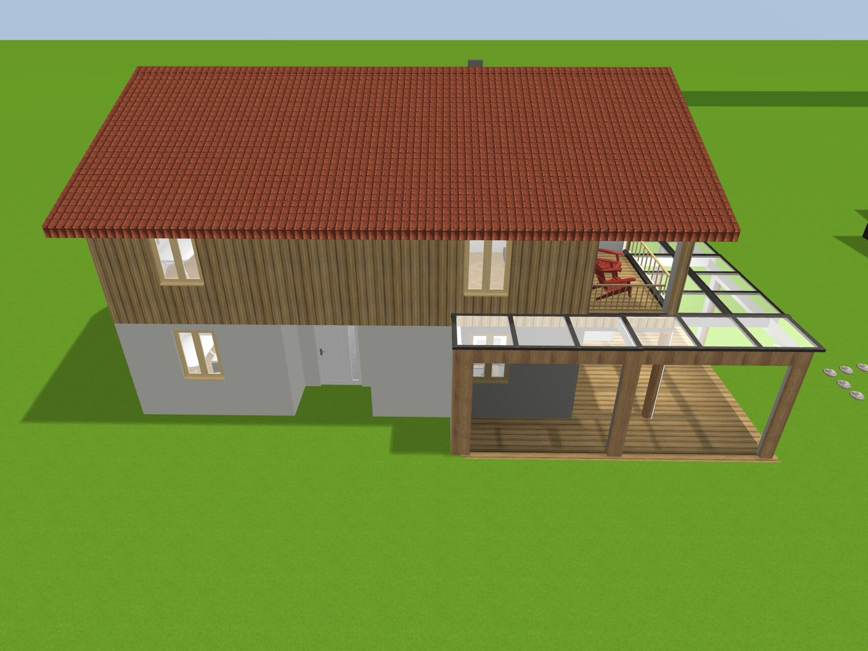 Zweistöckiges Haus mit rotem Ziegeldach, Holzfassade und verglaster Holzveranda.