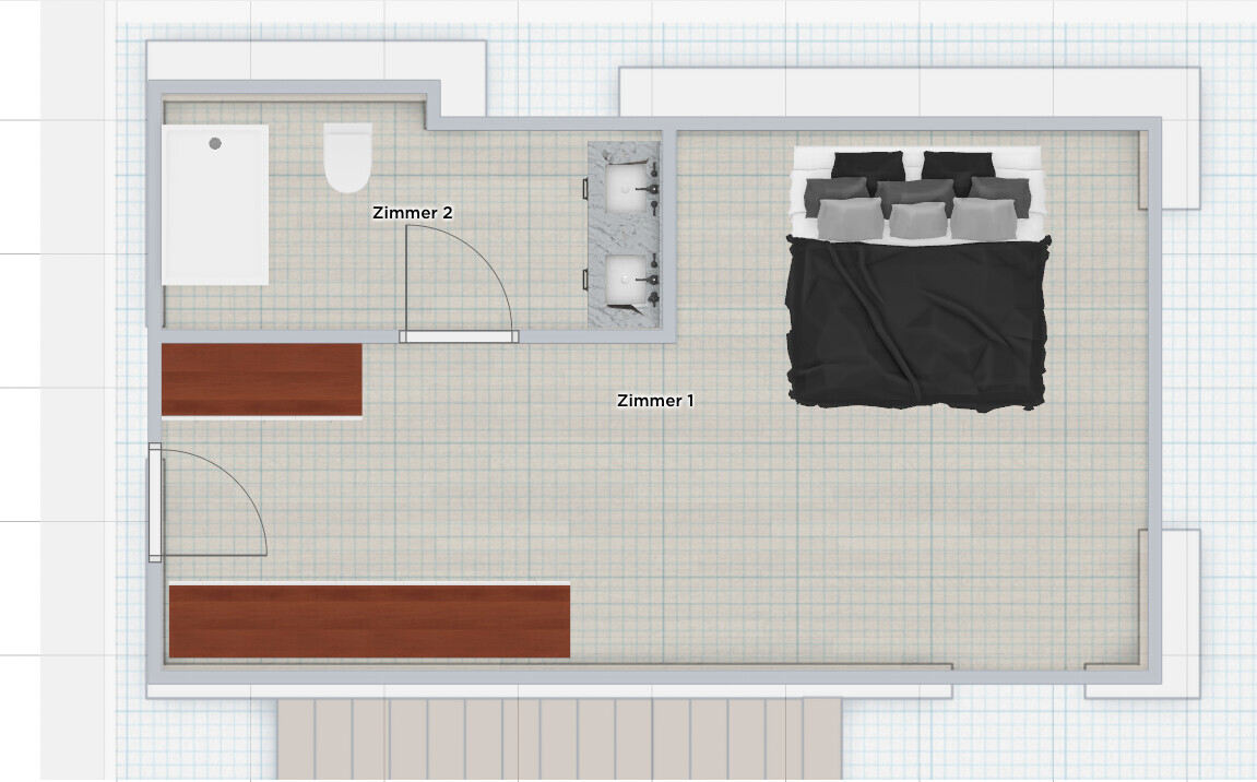 Grundriss: Zimmer 1 mit Doppelbett und Schränken; Zimmer 2 Bad mit WC, Wanne, Doppelwaschtisch.