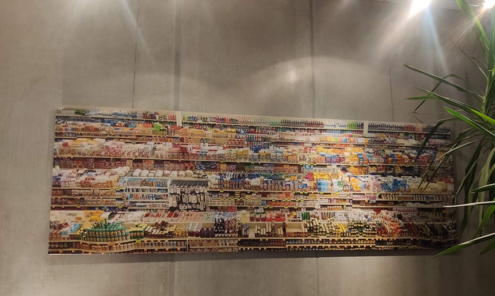 Großes Wandbild eines voll beladenen Supermarktregals mit bunten Produkten vor Betonwand.