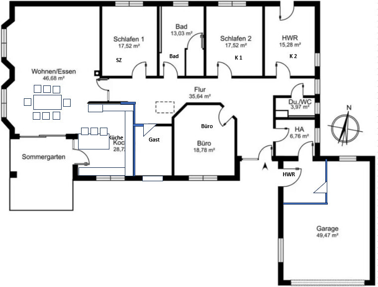 Grundriss eines Hauses mit Wohnbereich, Küche, Büro, Schlafzimmer, Bad, Garage und Sommergarten.