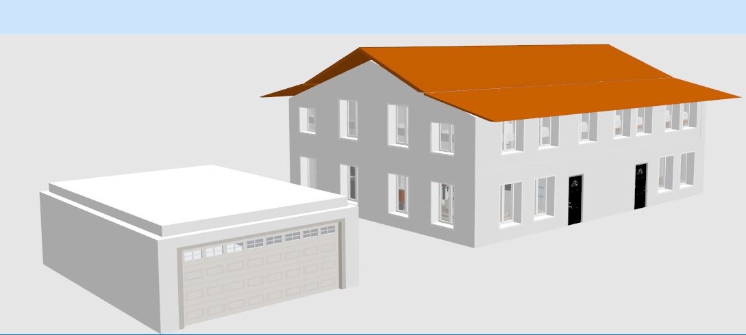 3D-Ansicht: graues Haus mit orangefarbenem Dach und getrennter Garage.