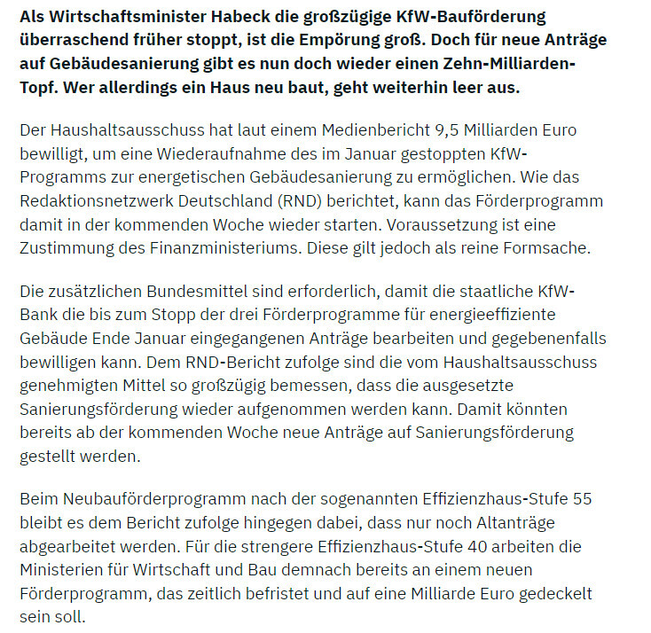 Screenshot eines Artikels über KfW-Bauförderung, Habeck und das Finanzministerium