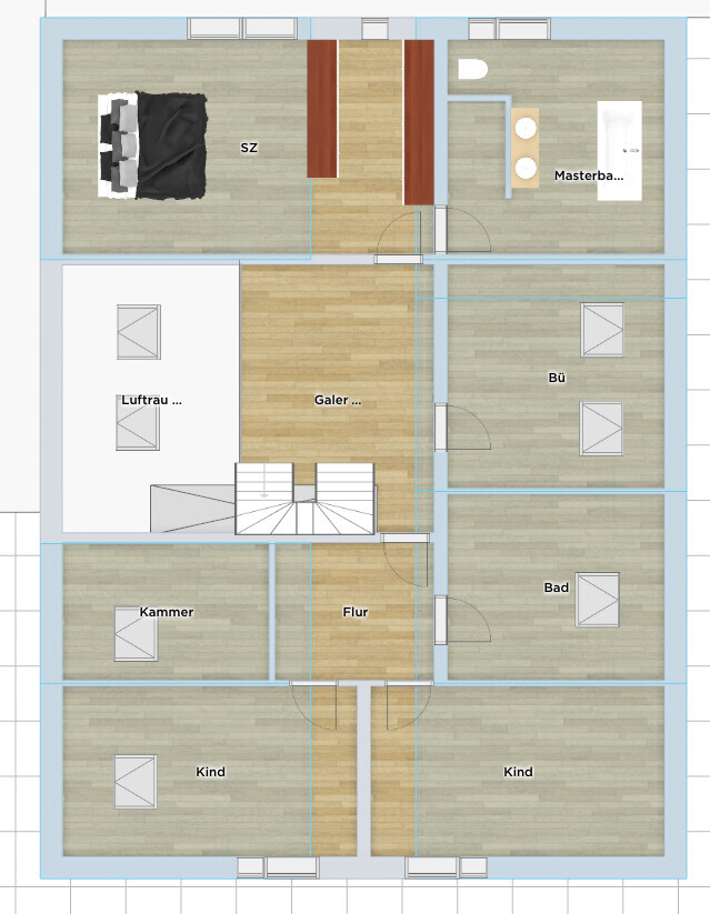 Grundriss eines Wohnhauses: SZ, Masterbad, Büro, Galerie, Flur, 2 Kindzimmer, Kammer.
