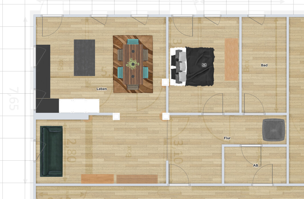 Grundriss eines Apartments: Wohnzimmer mit Esstisch, Schlafzimmer, Bad, Flur, Abstellraum.