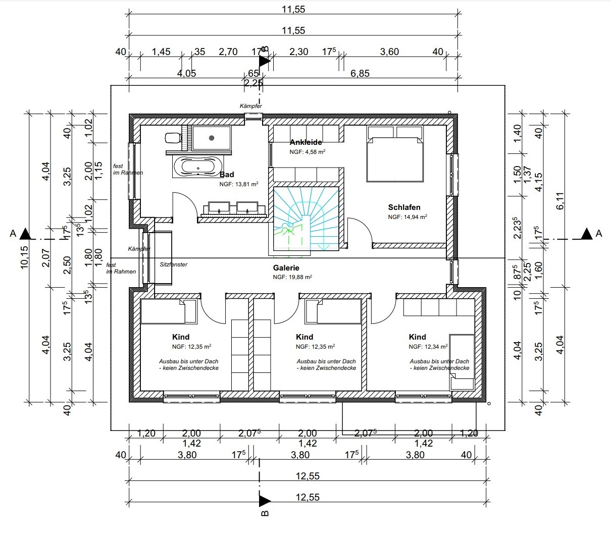 Dachgeschoss-Grundriss: Treppe zur Galerie, Bad, Ankleide, Schlafen und drei Kinderzimmer.