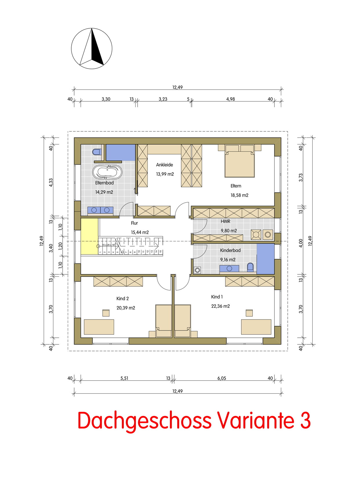 Dachgeschoss Variante 3: Grundriss mit Eltern- und Kinderzimmern, Bädern, Flur.