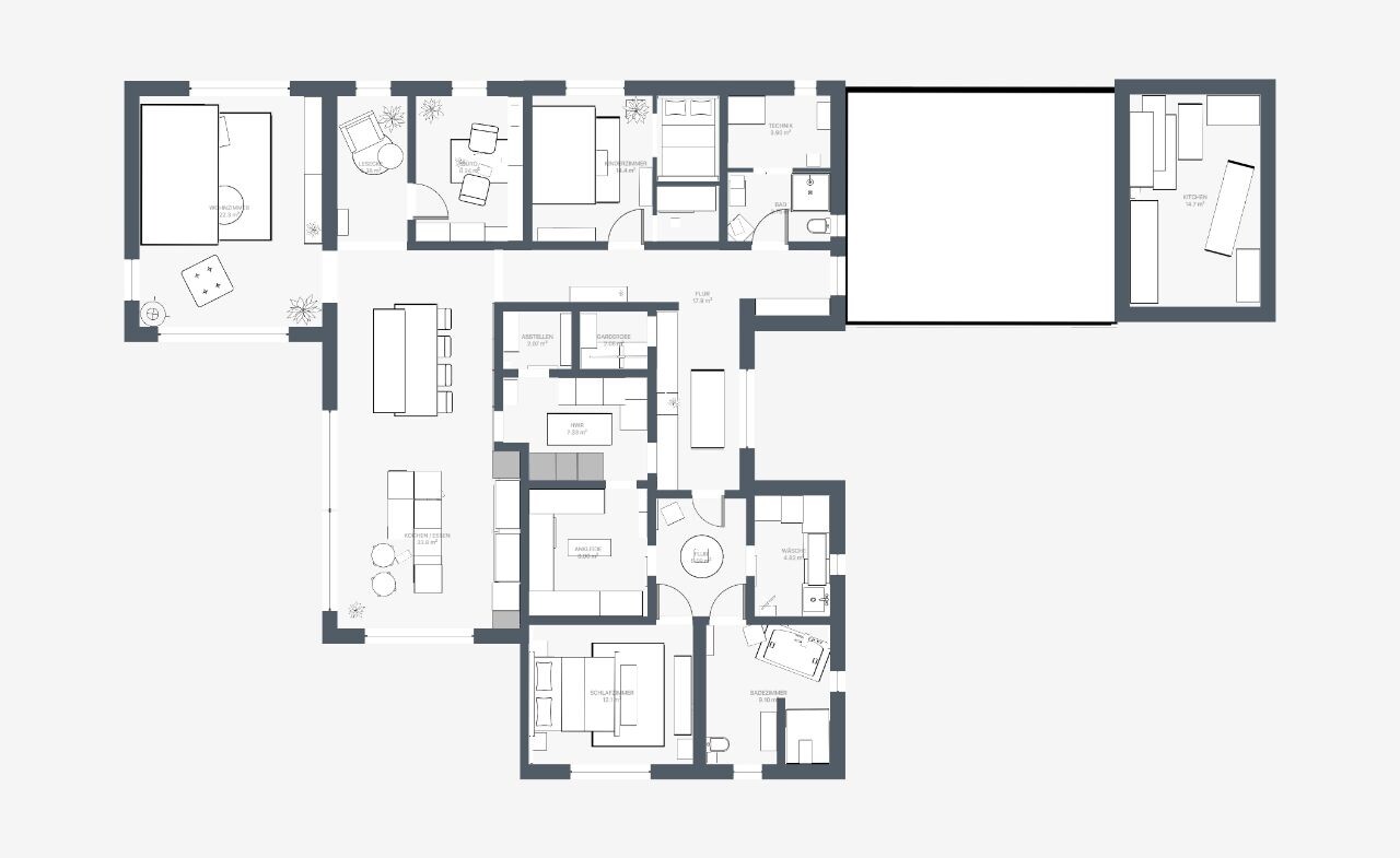 Grundriss eines mehrzimmerigen Hauses mit Wohnzimmer, Küche, Schlafzimmern und Garage.