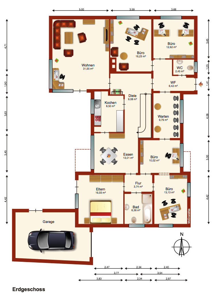 Grundriss Erdgeschoss: Wohnzimmer, Küche, Essen, Büro, Elternzimmer, Bad, Flur, WC, Garage.