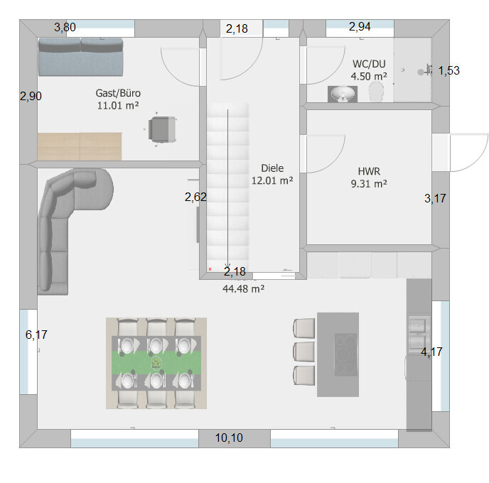 Grundriss eines Hauses: offener Wohn-/Essbereich mit Kochinsel, Gästezimmer/Büro, Diele, WC, HWR.