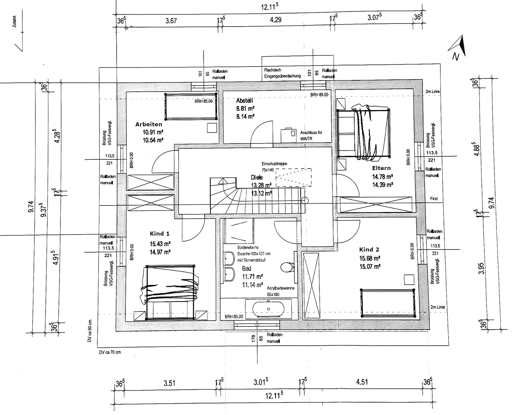 Grundriss eines Einfamilienhauses: Eltern, zwei Kinderzimmer, Bad, Diele, Arbeitsbereich, Treppe
