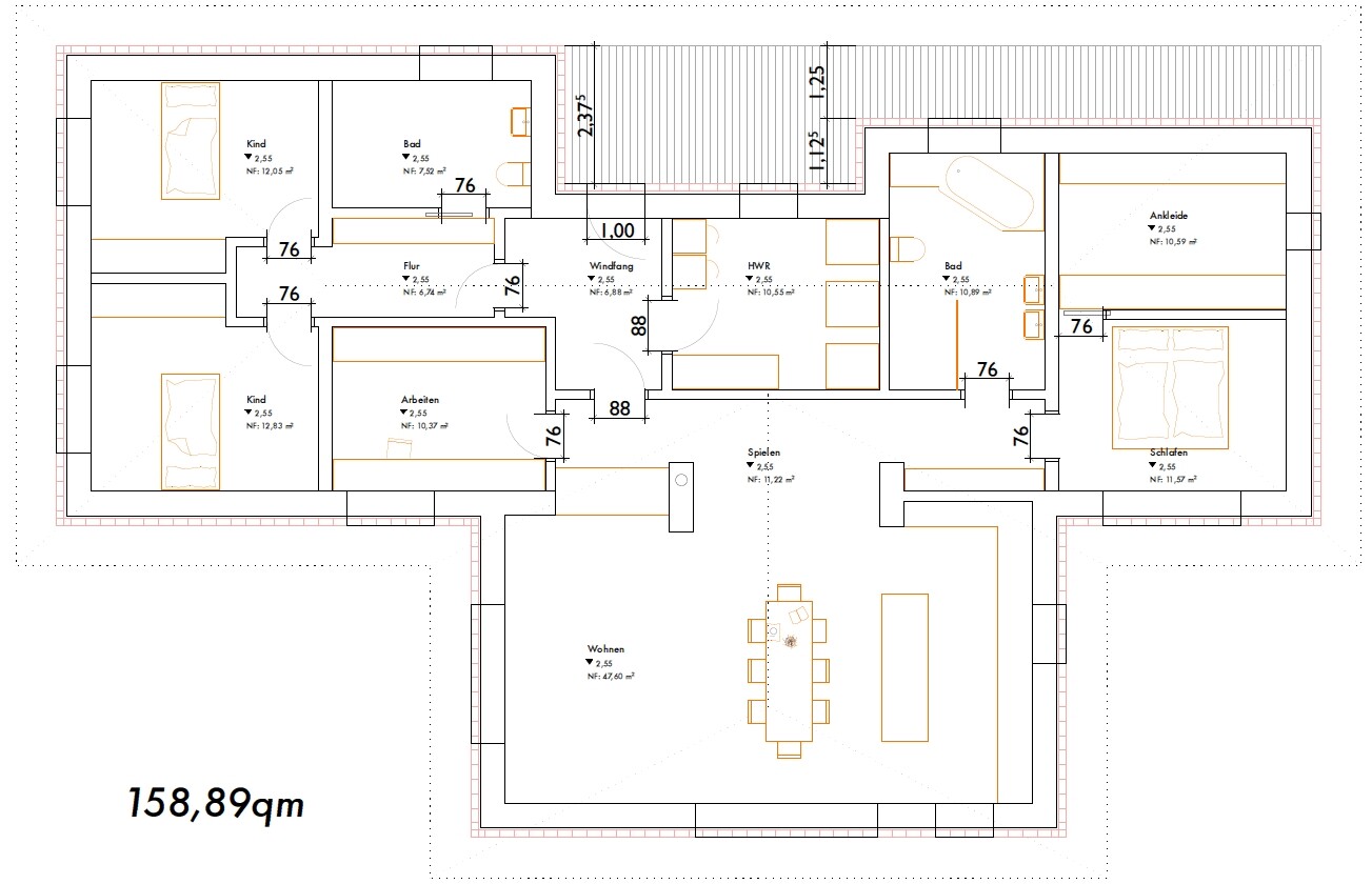Grundriss eines Hauses mit Wohnen/Essen, Schlafen, Kinderzimmer, Arbeiten, Bad, Flur; 158,89 m²