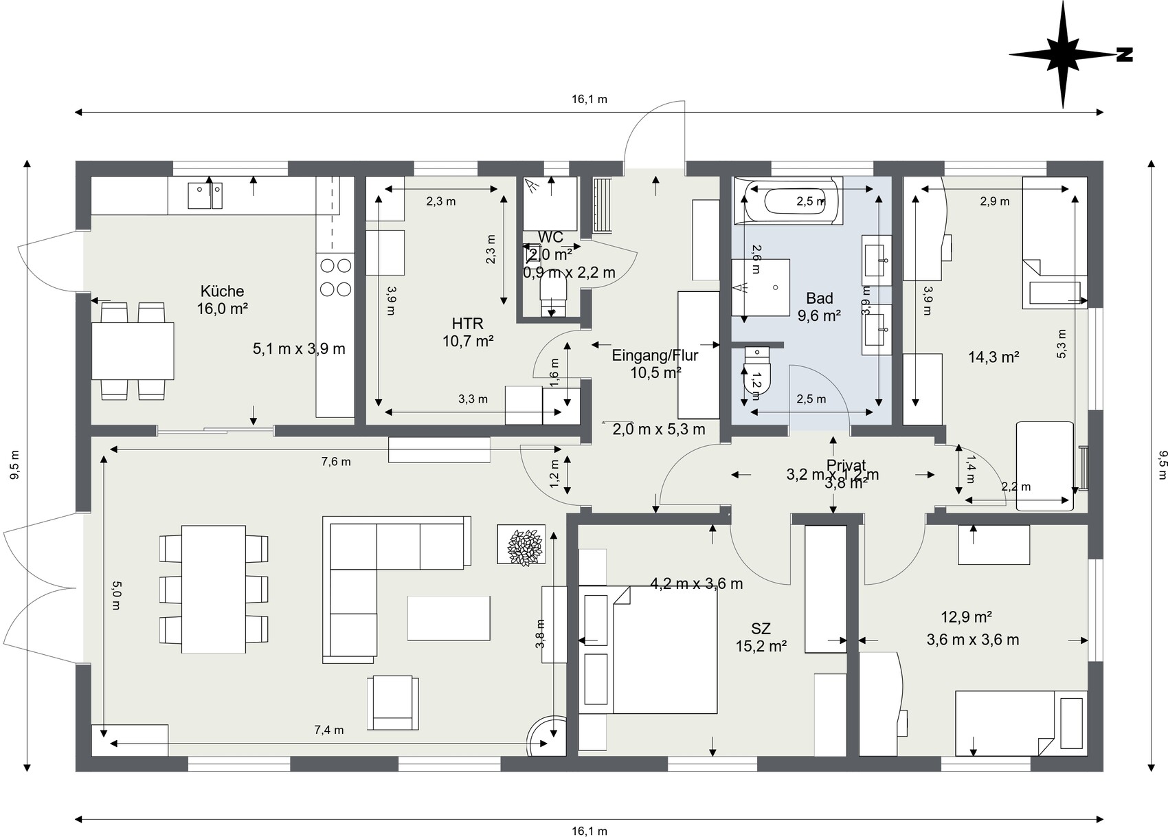 Grundriss eines Hauses mit Küche, Wohn-/Esszimmer, Flur, Bad, WC und Schlafzimmer.