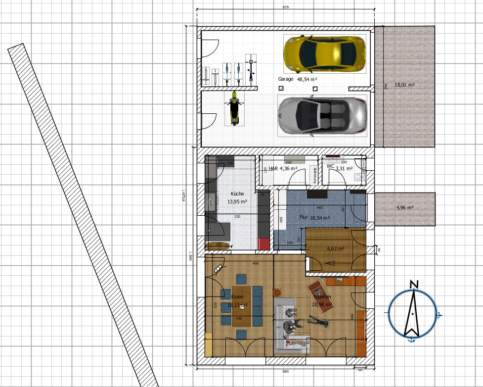 Grundriss eines Hauses: Garage mit zwei Autos, Küche, Essen, Wohnen, Flur, WC.