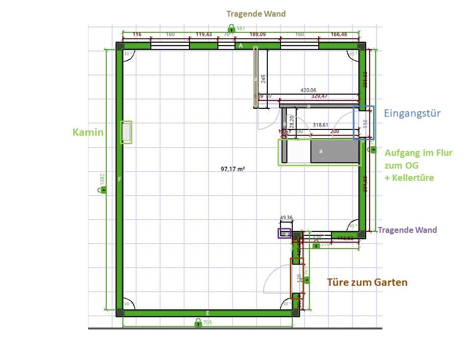 Grundriss eines Hauses mit tragenden Wänden, Kamin, Eingangstür, Treppenaufgang und Gartentüren.