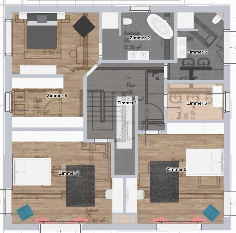 Grundriss eines Mehrzimmerhauses mit sieben Zimmern, zentrales Treppenhaus, Bad und Balkone.