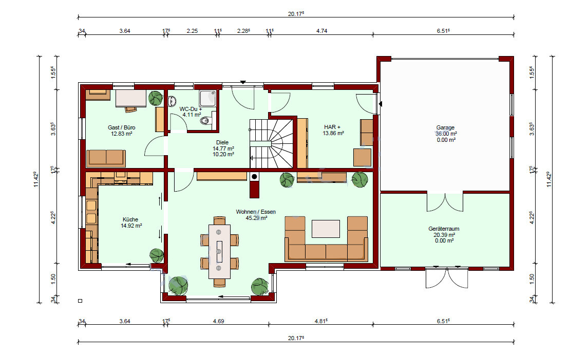 Grundriss eines Hauses: Küche, Wohnen/Essen, Gast/Büro, Diele, HAR, Garage, Geräteraum, WC/Dusche.