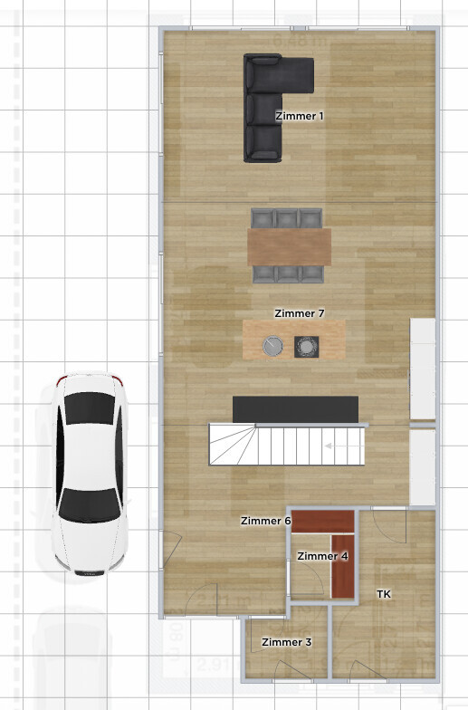 Grundriss: Auto links, Zimmer 1 oben, Zimmer 7 als Essbereich, Treppe Mitte, Zimmer 3/4/6 unten, TK.