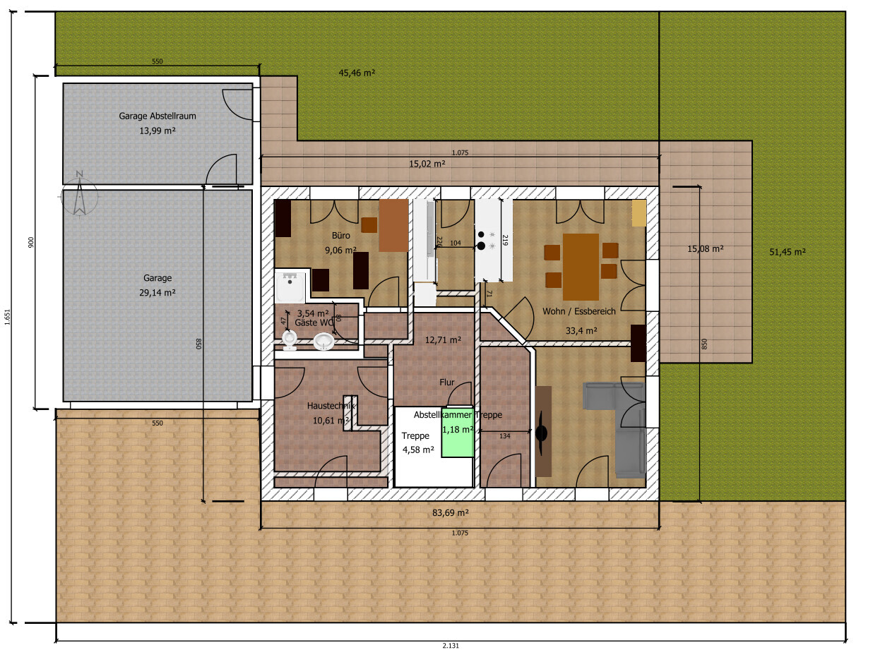 Grundriss: Garage, Büro, Wohn-/Essbereich, Gäste-WC, Flur, Treppe, Abstellkammer, Garten.