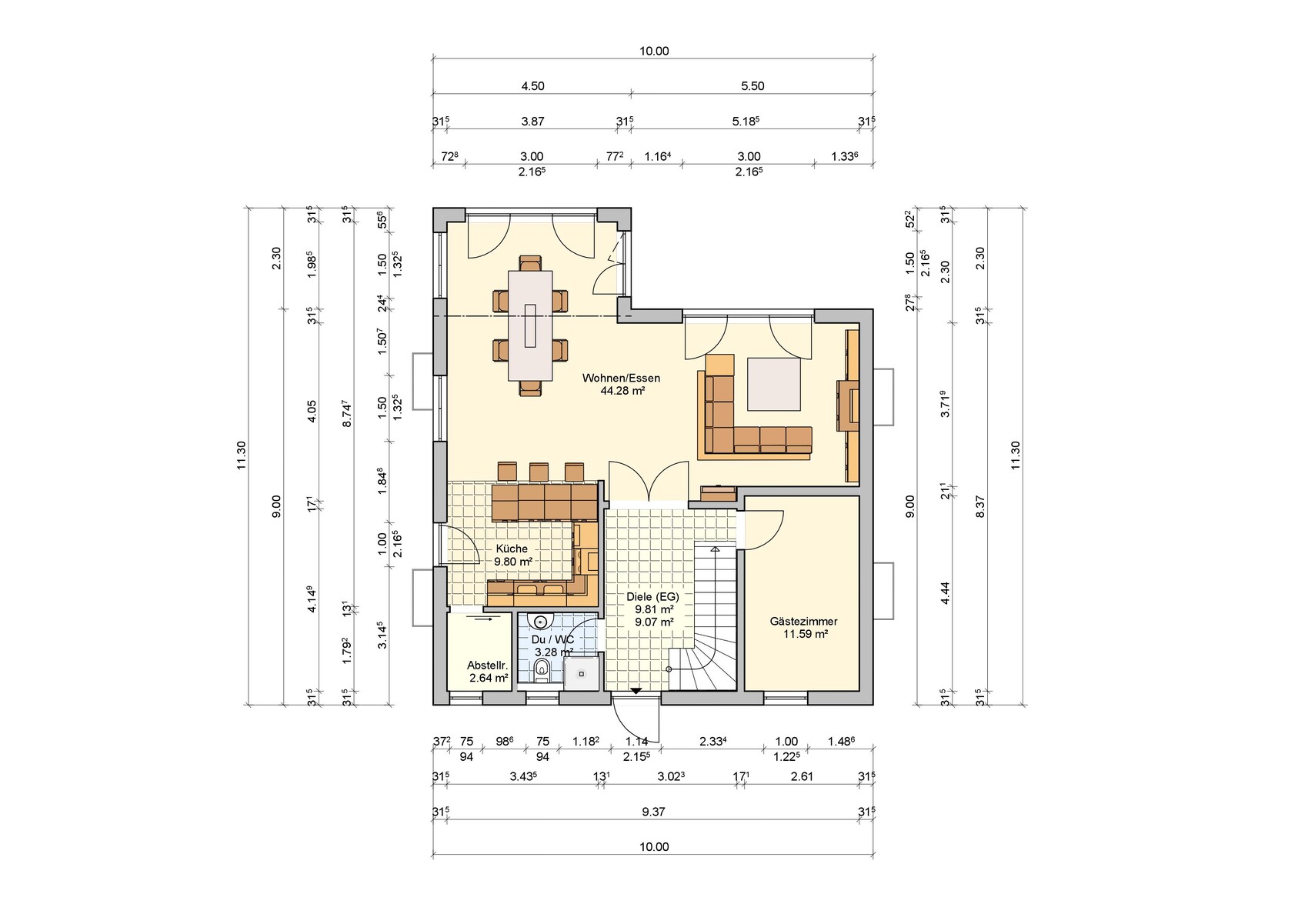 Grundriss eines Hauses: Wohnen/Essen, Küche, Diele, Gästezimmer, Du/WC, Abstellraum