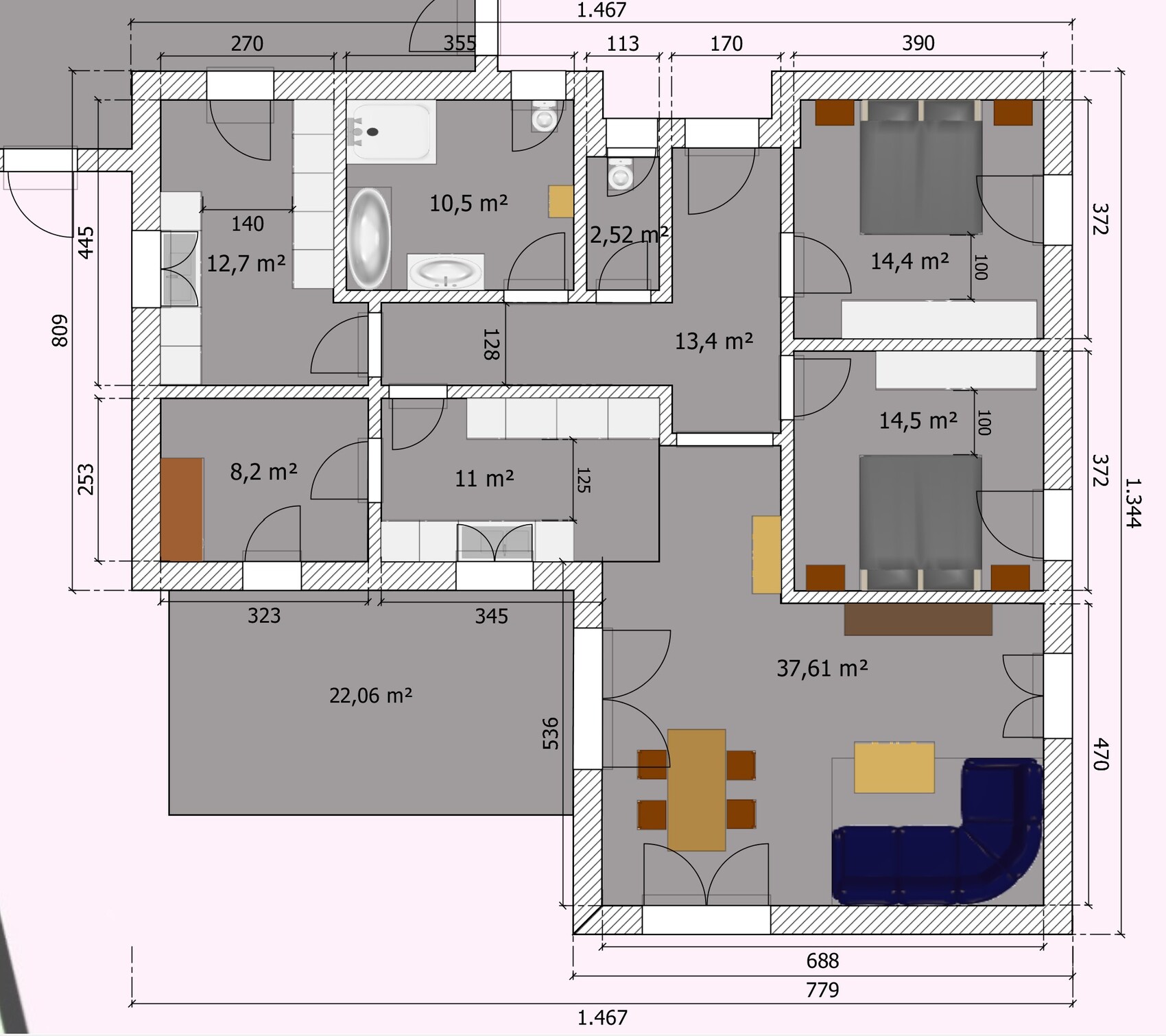 Grundriss eines Hauses: Räume, Flur, Bad, Küche, Wohnzimmer, Schlafzimmer, Garage mit Maßen.