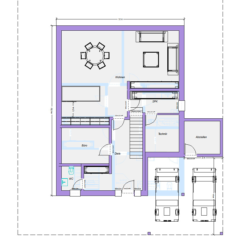 Grundriss eines Hauses mit Wohnzimmer, Esstisch, Büro, Technik, Diele und Garage.