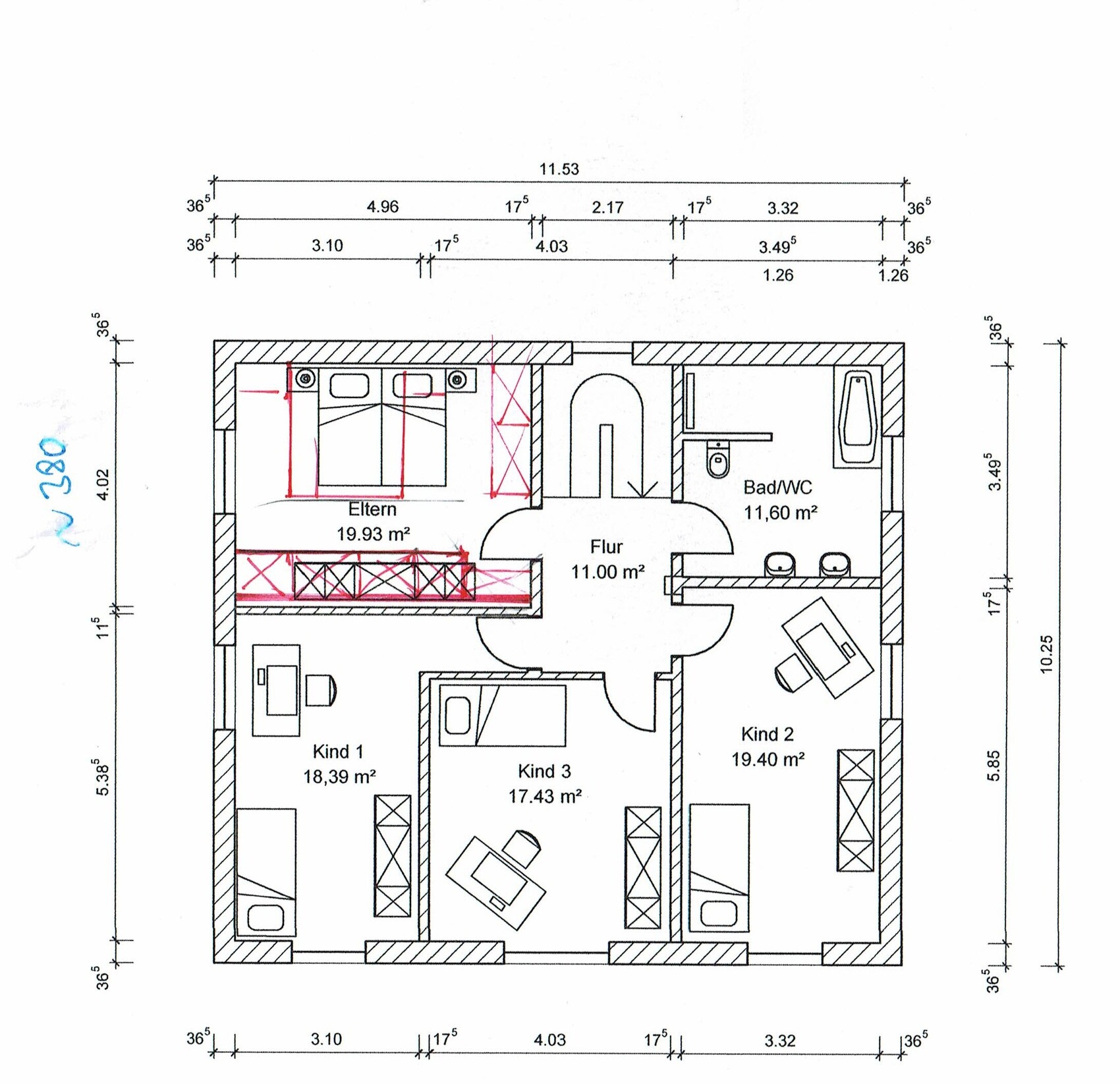 Grundriss eines Hauses mit Elternzimmer, drei Kinderzimmern, Flur und Bad/WC.