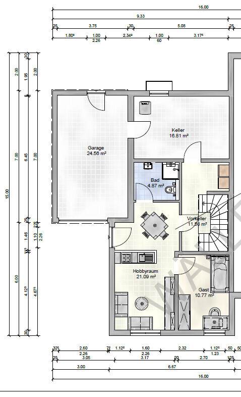 Grundriss eines Hauses mit Garage, Keller, Vorkeller, Hobbyraum, Gast, Bad und Treppenhaus