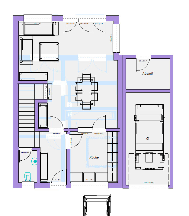 Grundriss eines Hauses: Wohnzimmer, Essbereich, Küche, Bad, Abstellraum und Garage.