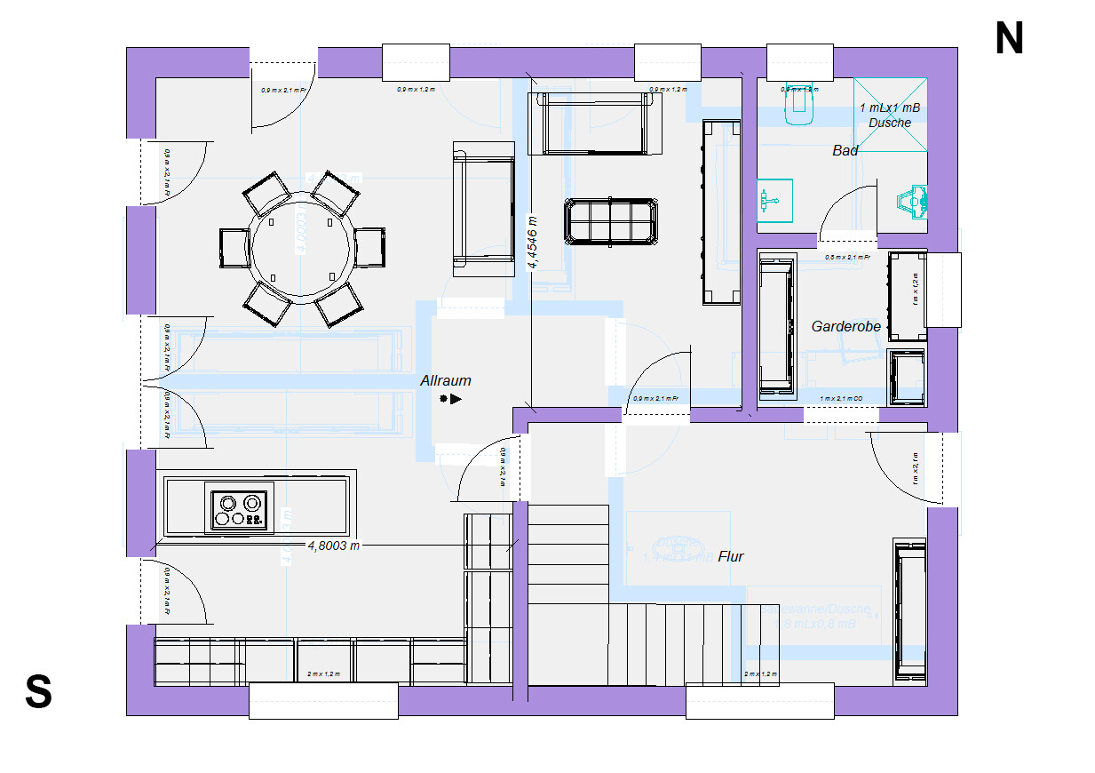 Grundriss eines Wohn-/Essbereichs mit runder Esstisch, Sofa, Küche, Bad, Garderobe, Flur und Treppe.