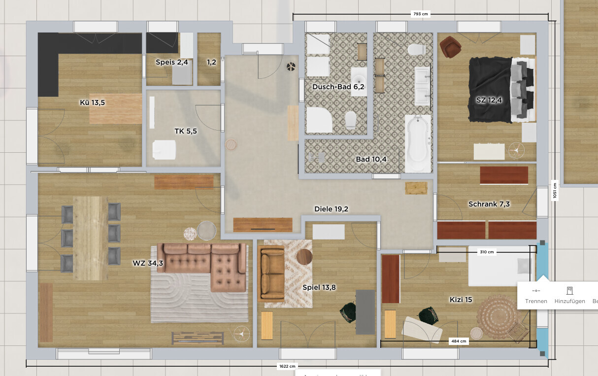 Grundriss einer Wohnung mit Küche, Wohnzimmer, Flur, Bad, Schlafzimmer, Spielzimmer, Kinderzimmer.