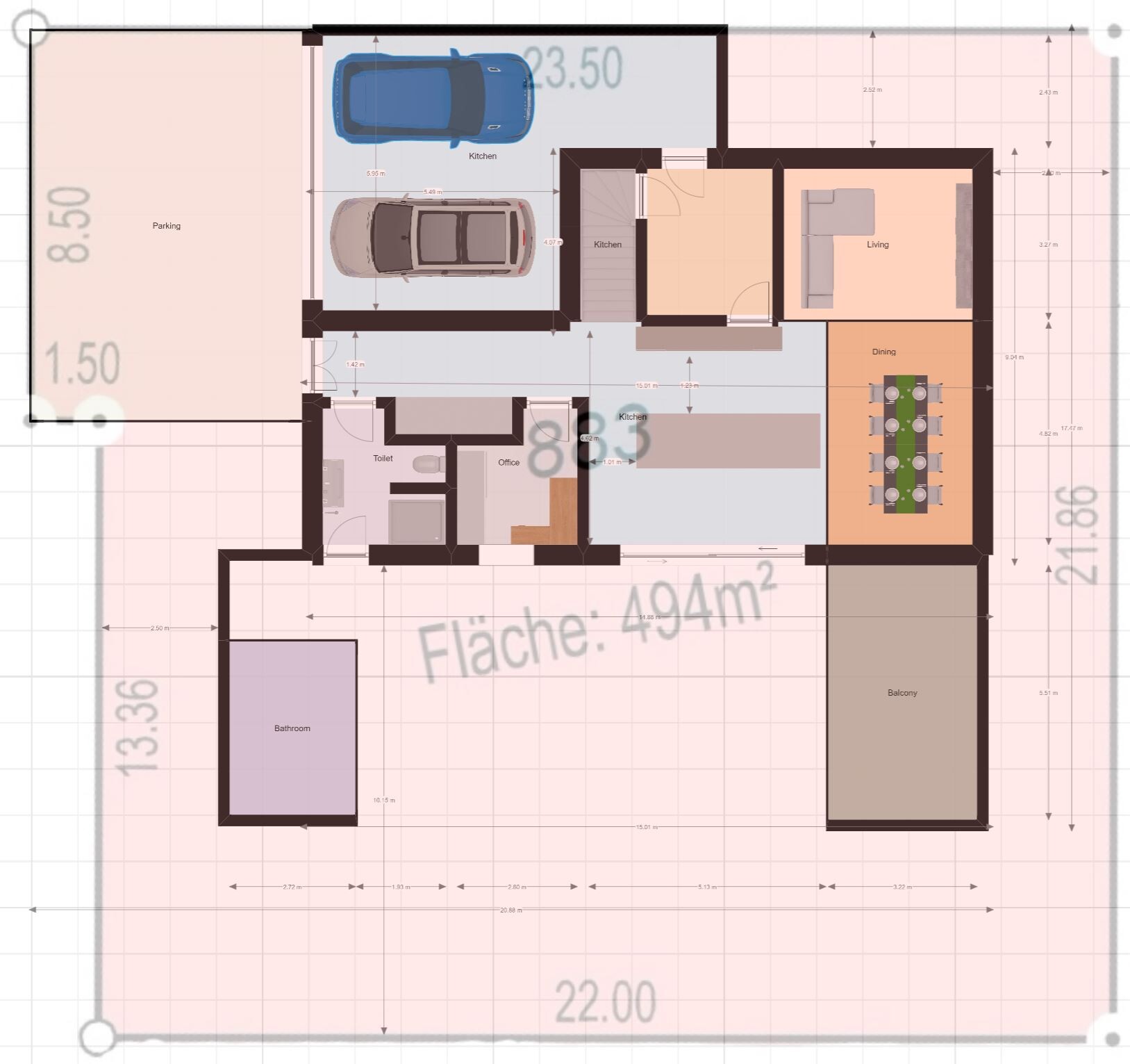 Grundriss eines Einfamilienhauses mit Doppelgarage, Küche, Wohnzimmer, Esszimmer, Büro und Balkon.