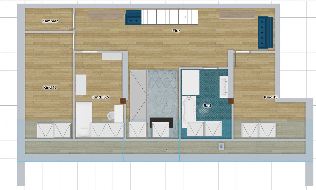 Grundriss: Flur mit Treppe, Kammer, Bad und drei Kinderzimmer (16, 13,5, 15) mit Möbeln.