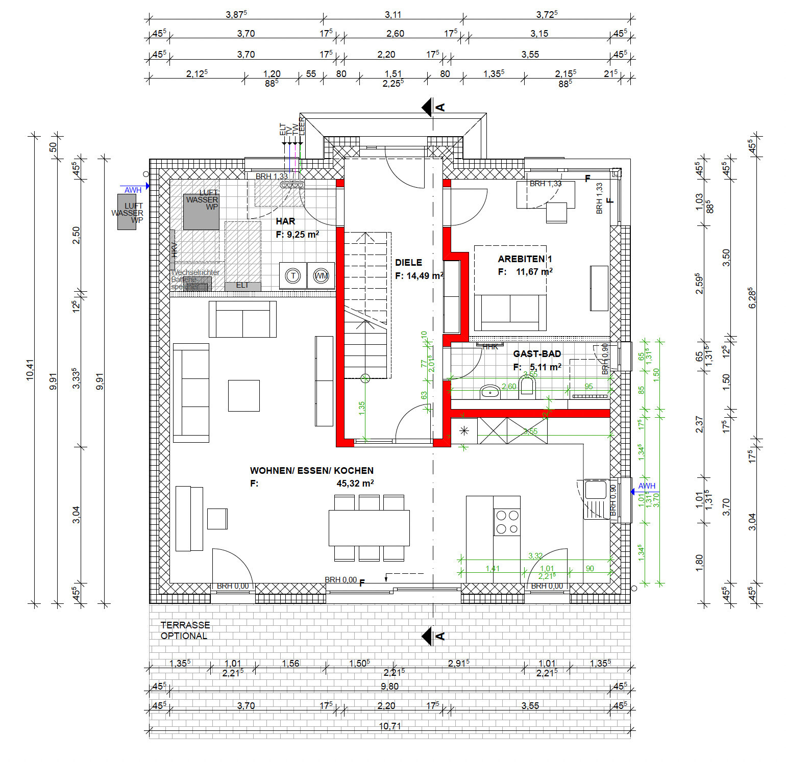 Grundriss Erdgeschoss: Offenes Wohnen/Essen/Kochen, Diele, Arbeitszimmer, Gast-Bad, Terrasse.