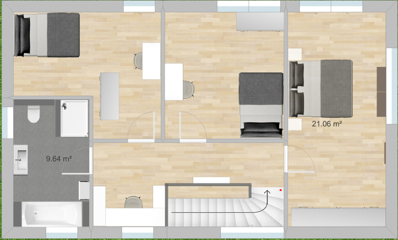 Grundriss einer Wohnung mit zwei Schlafzimmern, Bad, Küche/Essbereich und Treppe