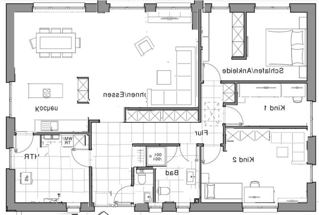 Grundriss einer Wohnung mit Küche, Essbereich, Wohnzimmer, Flur, Bad, Schlaf- und Kinderzimmer.