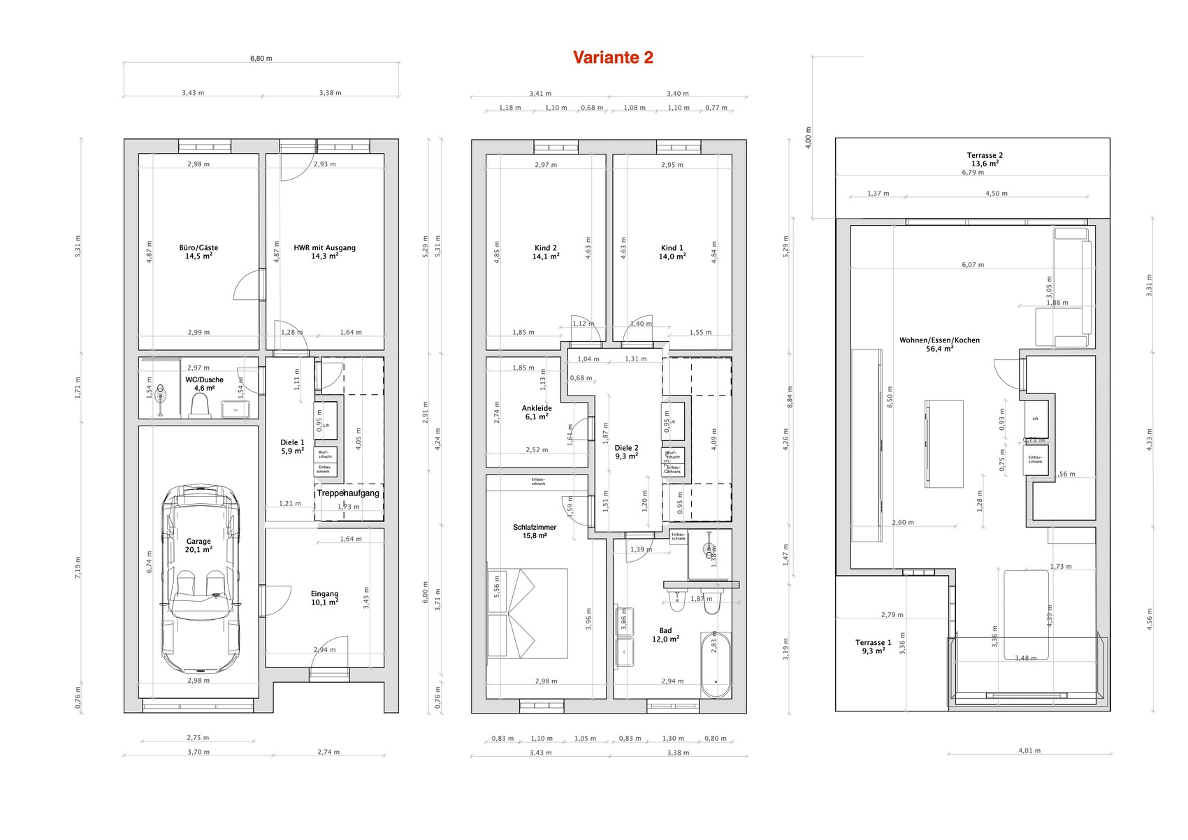 Grundrissplan: Variante 2 mit drei Etagen; Räume, Bad, Küche, Garage, Terrasse.