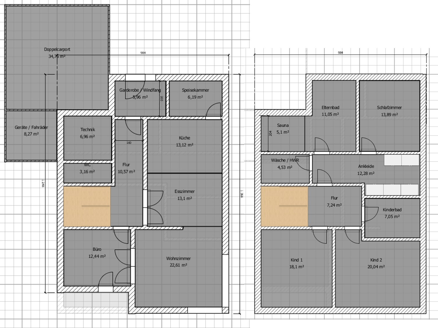 Grundriss eines Hauses: linke Seite Wohnen/Küche, rechte Seite Schlafzimmer/Kinderzimmer, Bad Sauna.