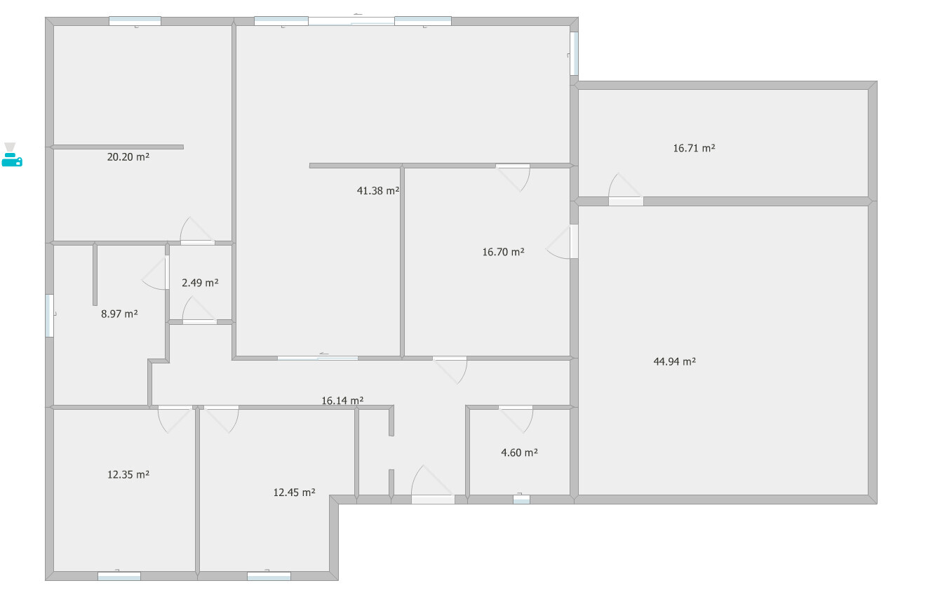 Grundriss eines Hauses mit vielen Räumen und Flächenangaben in m².