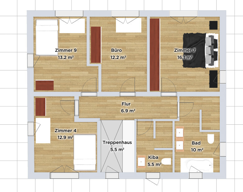 Vogelperspektive Grundriss mit Zimmer 9, Büro, Zimmer 7, Flur, Zimmer 4, Treppenhaus, Kiba, Bad