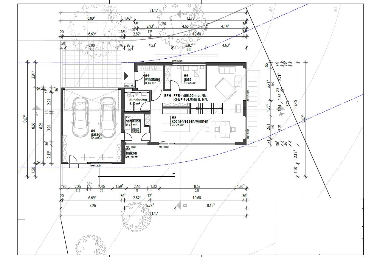 Grundriss EG: Doppelgarage, Windfang, Dusche/WC, Gästezimmer, Kochen/Essen/Wohnen, Balkon.